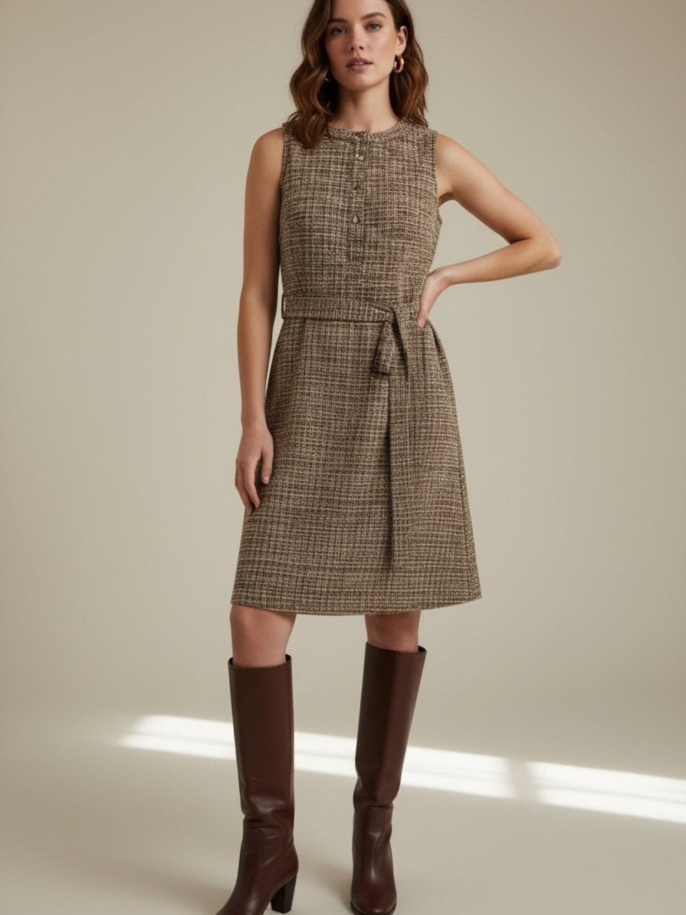 Ann Taylor Factory Tweed Belted Dress Brown Size M NWOT